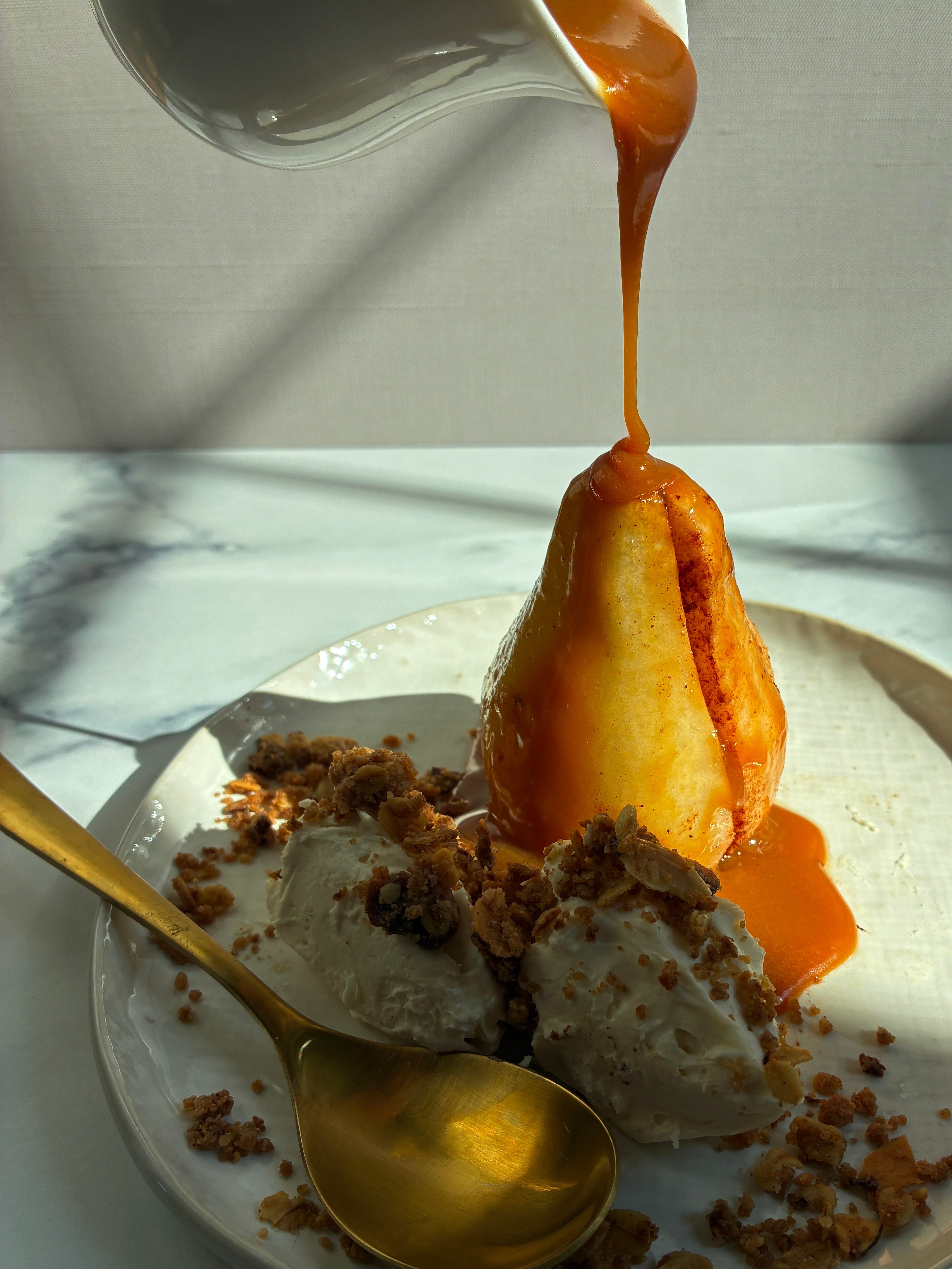 Roasted Pear with Vanilla Mascarpone & Caramel